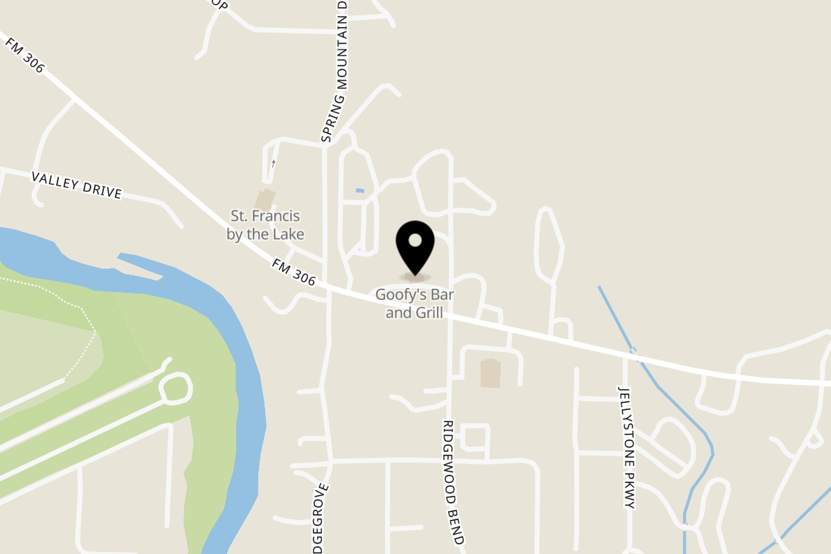 Map showing the location of Goofy's Grill on 13124 FM306 in Canyon Lake